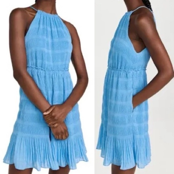 Rebecca Taylor Pleated Voile Short Dress Size Large Cerulean Blue Halter New NWT - Picture 13 of 13